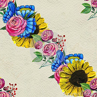 Seamless pattern with blue yellow and pink flowers Stock Photo