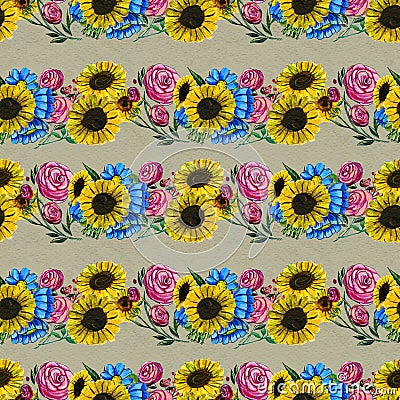 Seamless pattern with blue yellow and pink flowers Stock Photo