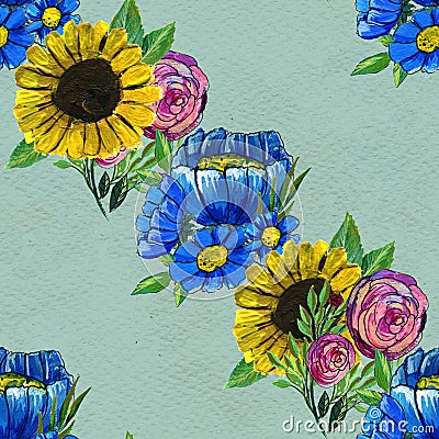 Seamless pattern with blue yellow and pink flowers Stock Photo