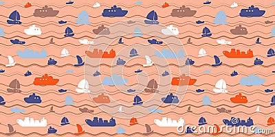 Seamless pattern with boats, yachts and sea waves Stock Photo