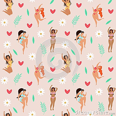 Seamless pattern of body positive happy women, hearts, daisies, leaves and twigs Vector Illustration