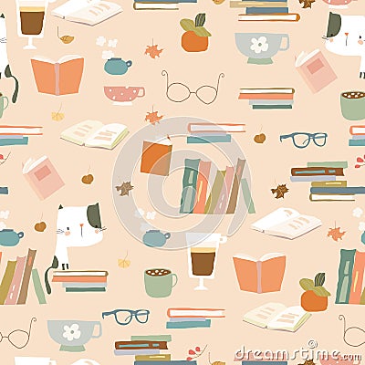 Seamless pattern with Books, Cups and Eyeglasses. Autumn Mood Vector Illustration