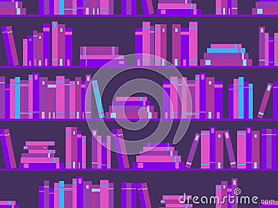 Seamless pattern with books, library bookshelf. Purple color. Synthwave, new retro wave in style 80s. Vector Vector Illustration