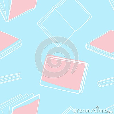 Seamless pattern with books. White outline on a blue background. Vector Illustration