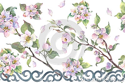 Seamless pattern, bordure. Watercolor apple tree branch and flowers, blooming tree with east ornament on white Cartoon Illustration