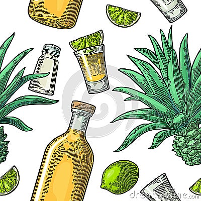 Seamless pattern of bottle, glass tequila, salt, cactus and lime Vector Illustration