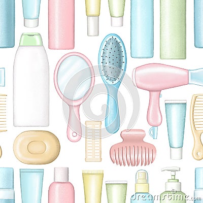 Seamless pattern with bottles for cosmetics, combs, hair dryer, curlers and hairpin Cartoon Illustration