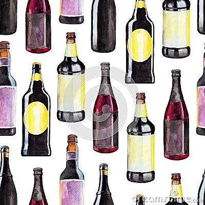 Seamless pattern with bottles of dark beer, watercolor illustration in hand-drawn style for St. Patrick`s Day. Cartoon Illustration
