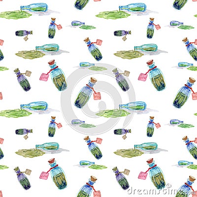 Seamless pattern with bottles with liquid and poison. Pattern with leaves and bottles for Halloween. Seamless watercolor pattern Stock Photo