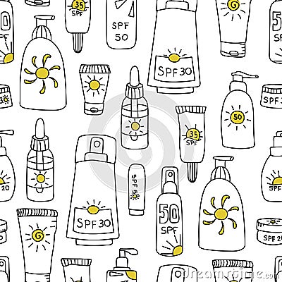 Seamless pattern with bottles with sunscreen. Print for textile, wallpaper, covers, surface. For fashion fabric. Retro stylization Vector Illustration