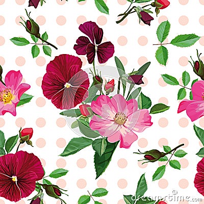 Seamless pattern, bouquet of pink roses and purple pansy Vector Illustration