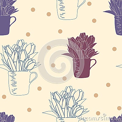 Seamless pattern with bouquet of tulips in a cup and polka dots. Vector Illustration