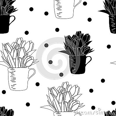 Seamless pattern with bouquet of tulips in a cup and polka dots. Vector Illustration