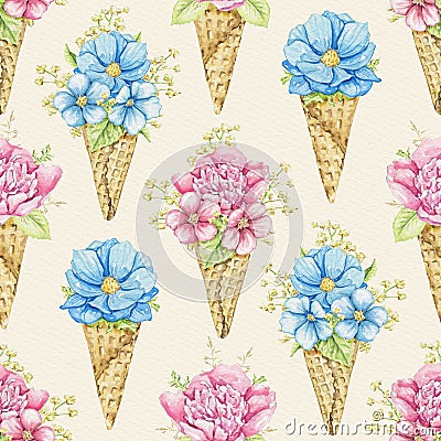 Watercolor seamless pattern with pink and blue flowers in waffle cones Cartoon Illustration