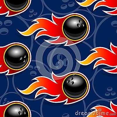 Seamless vector pattern with bowling ball icons and flames. Vector Illustration