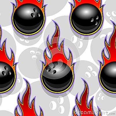 Seamless vector pattern with bowling ball icons and flames. Vector Illustration