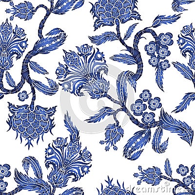 Seamless pattern with branches flowers in chinoiserie style. Japanese blue ceramic print. Vector Illustration