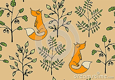 Seamless pattern with branches and foxes. Vector Illustration
