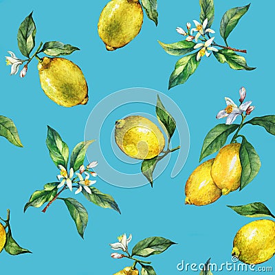 The seamless pattern of the branches of fresh citrus fruit lemons with green leaves and flowers. Stock Photo