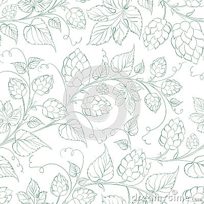 Seamless pattern of branches of hops on white background. Vector Illustration