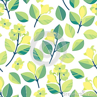 Seamless pattern with branches, leaves and lemon flowers. Spring background in a flat style. Vector Illustration