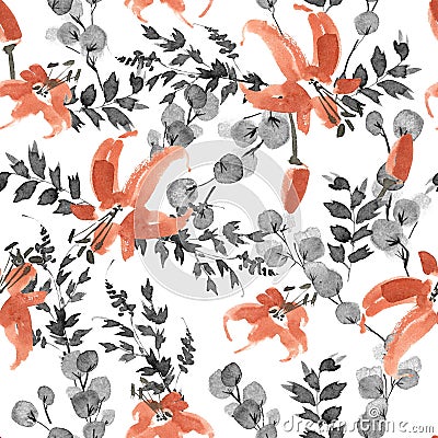 Seamless pattern with branches and lilies in oriental style. Hand drawn watercolor illustartion. Stock Photo