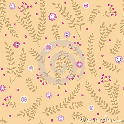 Seamless pattern with branches and rowan berries. Vector Illustration