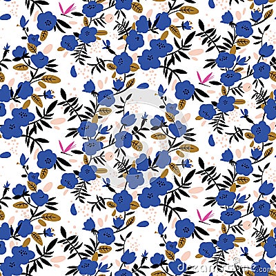 Seamless pattern with bright blue flowers Vector Illustration