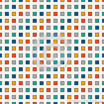 Seamless pattern with bright colors repeated squares. Diagonal dashed lines abstract background. Mosaic wallpaper. Vector Illustration