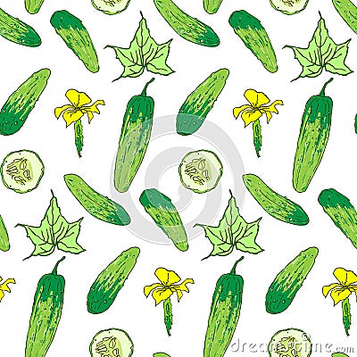 Seamless pattern of bright cucumber whole and chunks Vector Illustration