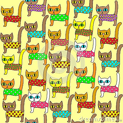 Seamless pattern. Bright cute kittens. Suitable as wallpaper in the children`s room, as a gift wrapping for children and adults. Cartoon Illustration