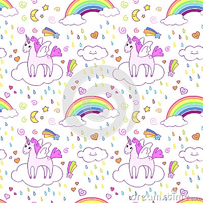 Seamless pattern with bright cute unicorns and rainbows. Vector Illustration