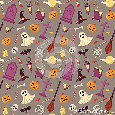 Seamless pattern with bright halloween accessories Vector Illustration