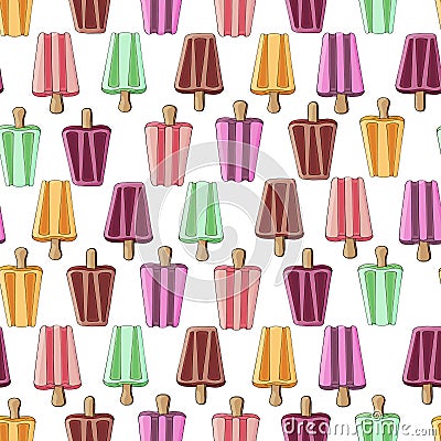 Seamless pattern of bright multi-colored, ice cream on sticks on a white background. Vector Illustration
