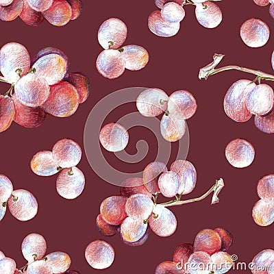 Seamless pattern bright red grape, colored pencils hand drawing, white background isolated Stock Photo