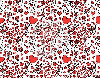 Seamless pattern of bright red hearts, singing birds, roses, balloons, cakes and letters with declarations of love on a white back Vector Illustration