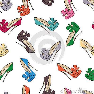 Seamless pattern of bright shoes with a stiletto bow. Design can be used for wallpaper Vector Illustration