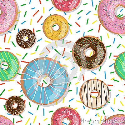 Seamless pattern bright tasty vector donuts illustration isolated on the sprinkles background. Doughnut background Vector Illustration