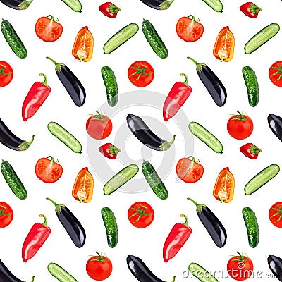 Seamless pattern bright whole and cut vegetables on white background isolated, tomato, cucumber, pepper, eggplant Stock Photo