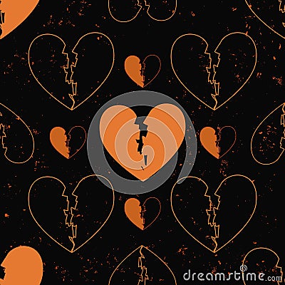 Seamless pattern of broken hearts painted on grunge cement wall. background with flame sparks - love concept Vector Illustration
