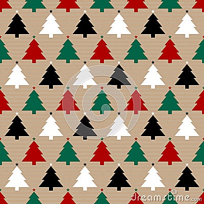 Seamless Pattern Brown Paper And Christmas Trees Red Green Black White Vector Illustration