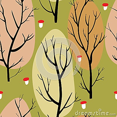 Seamless pattern with brown trees and red mushrooms on green background Vector Illustration