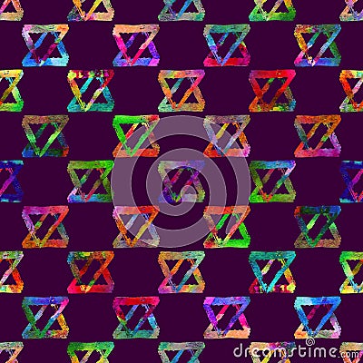 Seamless pattern brush colorful triangle. Rainbow color on violet background. Hand painted grange texture. Ink geometric Stock Photo