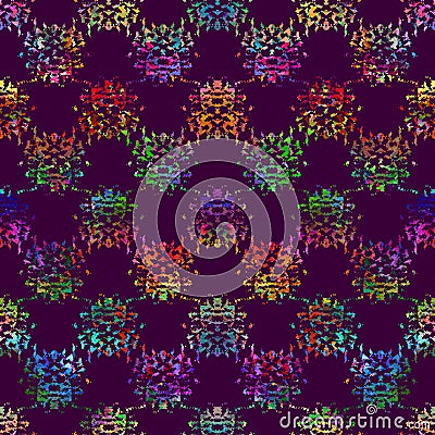 Seamless pattern with brush dots and spots. Rainbow color on violet background. Hand painted grange texture. Ink messy Stock Photo