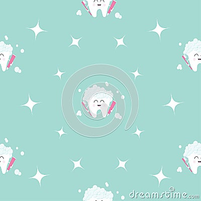 Seamless Pattern Brush Paste Tooth health. Sparkle star. Cute funny cartoon smiling character. Oral dental hygiene. Children teeth Vector Illustration