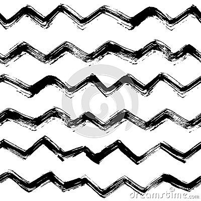 Seamless pattern with brush stripes and waves. Black color on white background. Hand painted grange texture. Ink Stock Photo