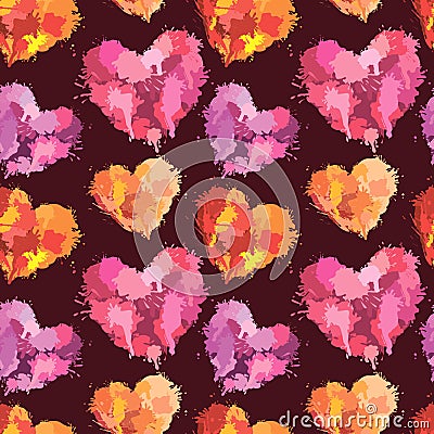 Seamless pattern with brush strokes and blots in heart shapes Vector Illustration