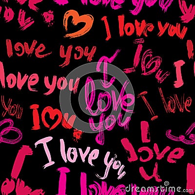 Seamless pattern with brush strokes and scribbles, hearts, words Vector Illustration