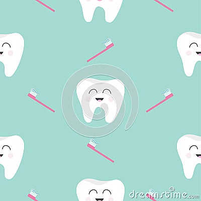 Seamless Pattern Brush Tooth health. Cute funny cartoon smiling character. Oral dental hygiene. Children teeth care. Baby Vector Illustration