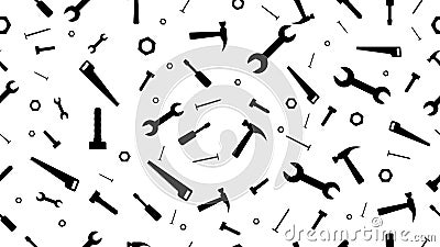 Seamless pattern of building household tools, bolts, nuts, screwdrivers, wrenches, nails, saws, hammers. Black on a Vector Illustration